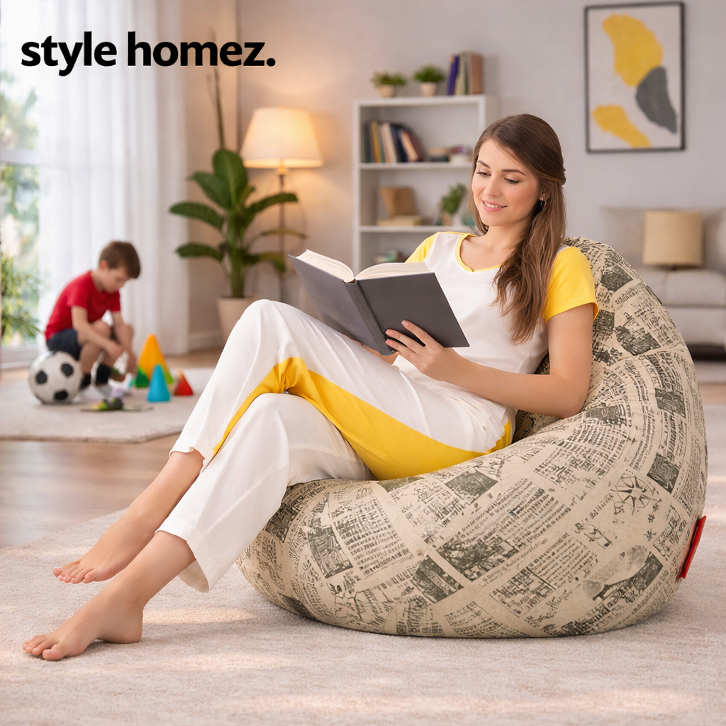 Style Homez Classic Cotton Canvas Abstract Printed Bean Bag XXXL Size Filled with Bean Refill Fillers
