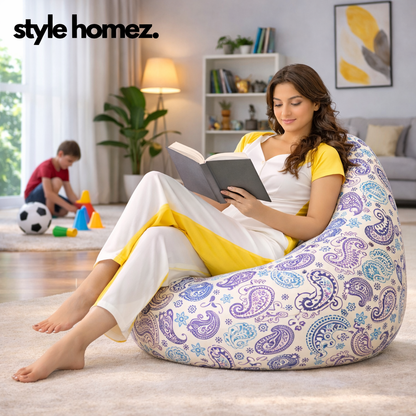 Style Homez Classic Cotton Canvas Paisley Printed Bean BagXXXL Size Filled with Bean Refill Fillers