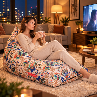 Style Homez PYRAMID LOUNGE, Cotton Canvas Floral Printed Bean Bag XXL Size Filled with Beans Fillers