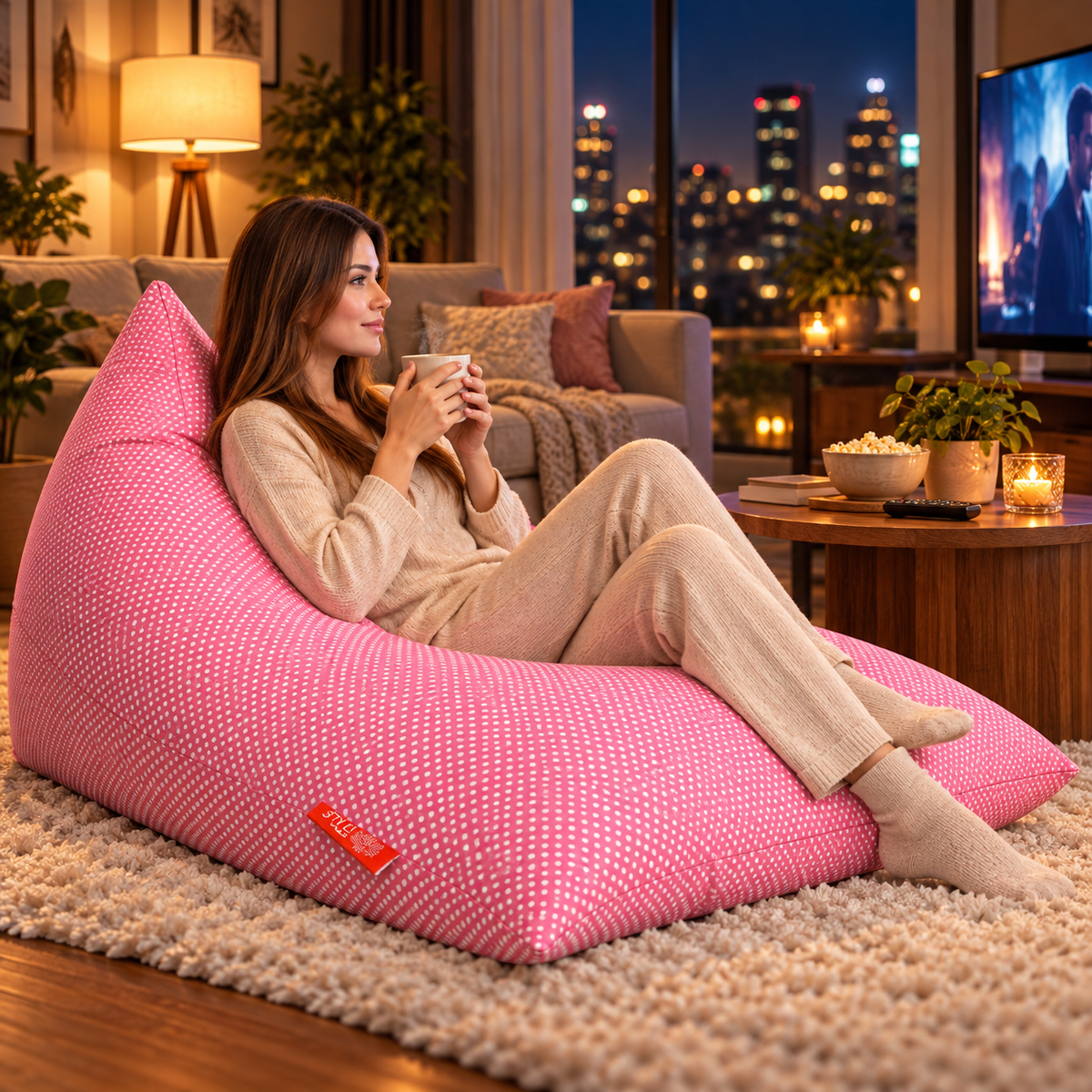 Style Homez PYRAMID LOUNGE, Cotton Canvas Polka Dots Printed Bean Bag XXL Size Cover Only