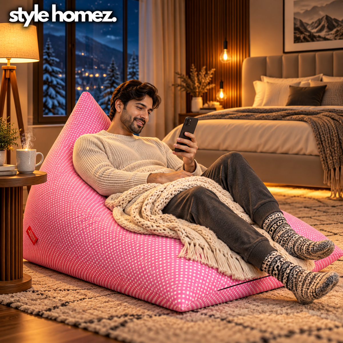 Style Homez PYRAMID LOUNGE, Cotton Canvas Polka Dots Printed Bean Bag XXL Size Cover Only