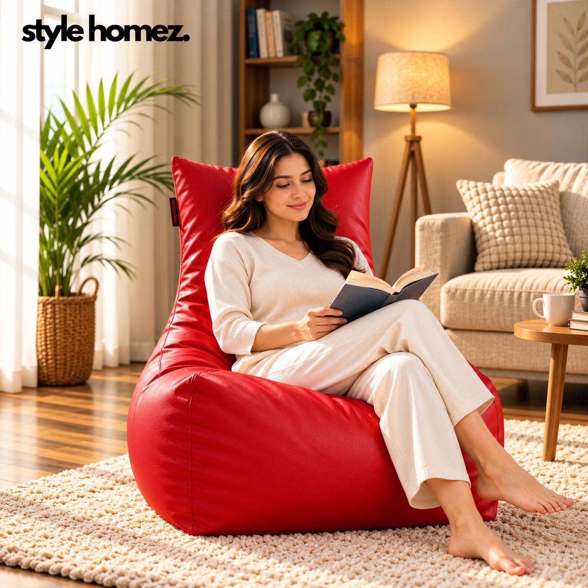 Style Homez Premium Leatherette XXL Bean Bag Chair Red Color, Cover Only