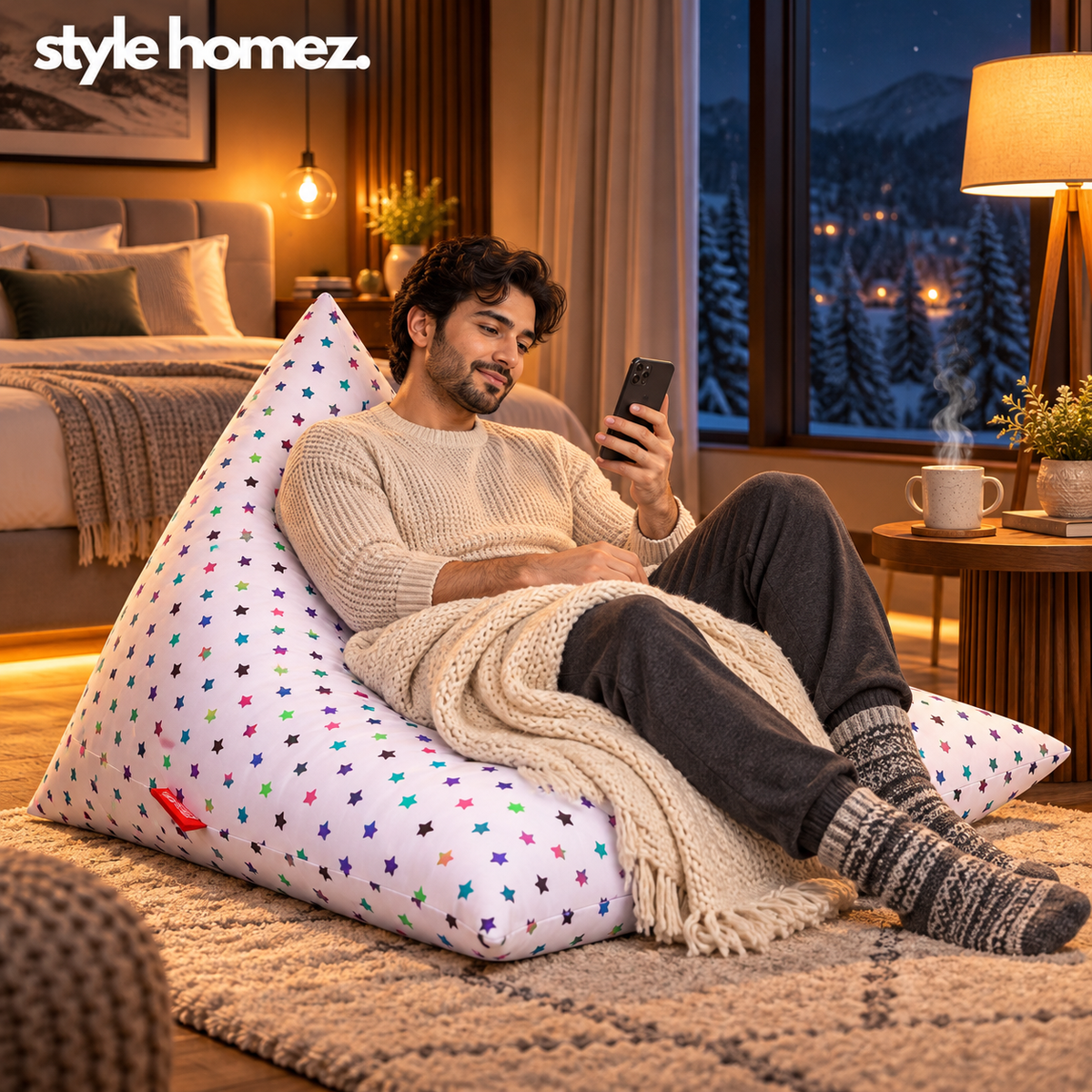 Style Homez PYRAMID LOUNGE, Cotton Canvas Star Printed Bean Bag XXL Size Cover Only