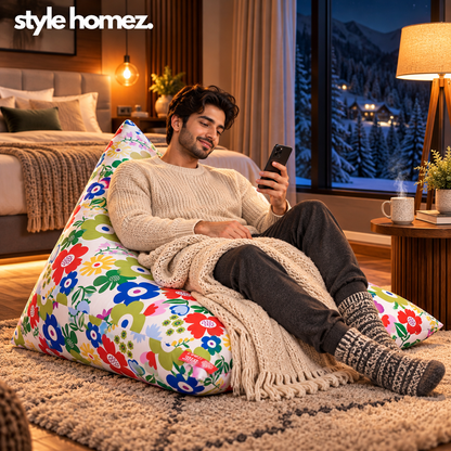 Style Homez PYRAMID LOUNGE, Cotton Canvas Floral Printed Bean Bag XXL Size Cover Only