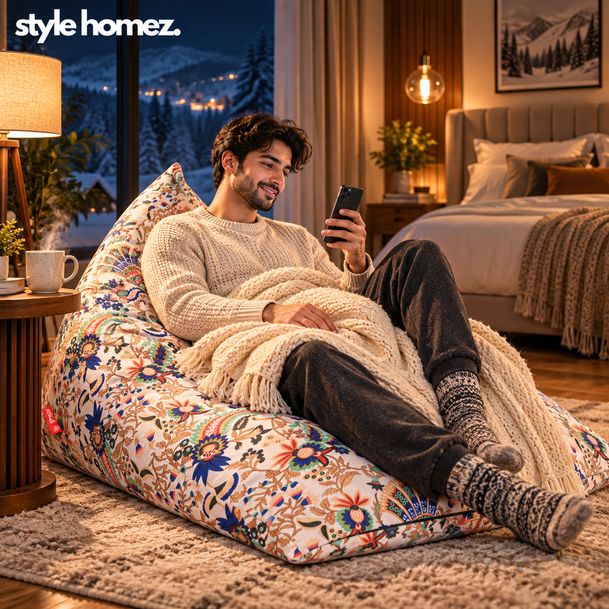 Style Homez PYRAMID LOUNGE, Cotton Canvas Floral Printed Bean Bag XXL Size Cover Only