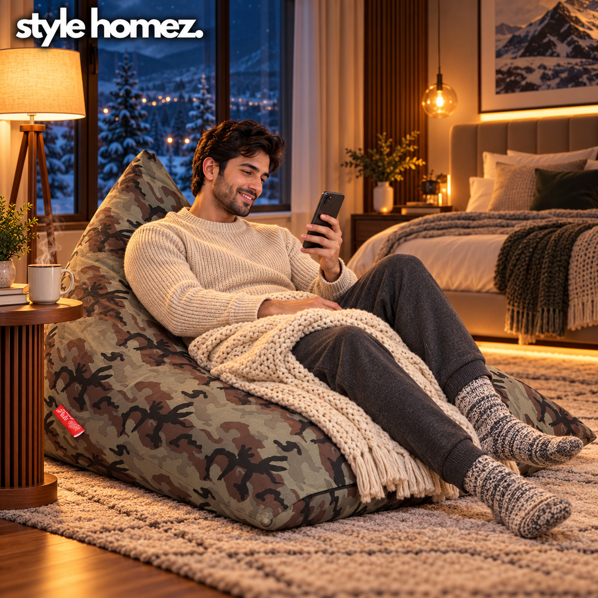 Style Homez PYRAMID LOUNGE, Cotton Canvas Camouflage Printed Bean Bag XXL Size Cover Only