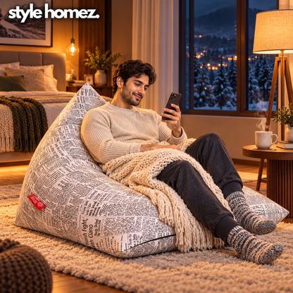 Style Homez PYRAMID LOUNGE, Cotton Canvas Newspaper Printed Bean Bag XXL Size Cover Only