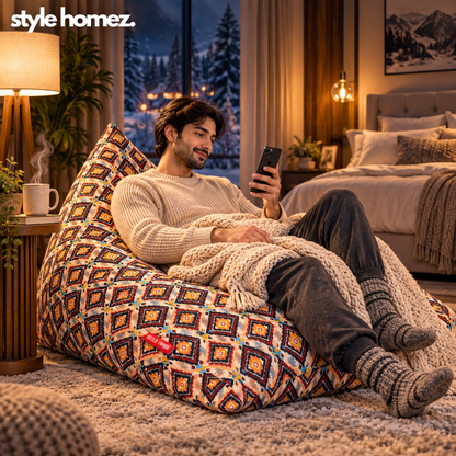 Style Homez PYRAMID LOUNGE, Cotton Canvas Geometric Printed Bean Bag XXL Size Cover Only