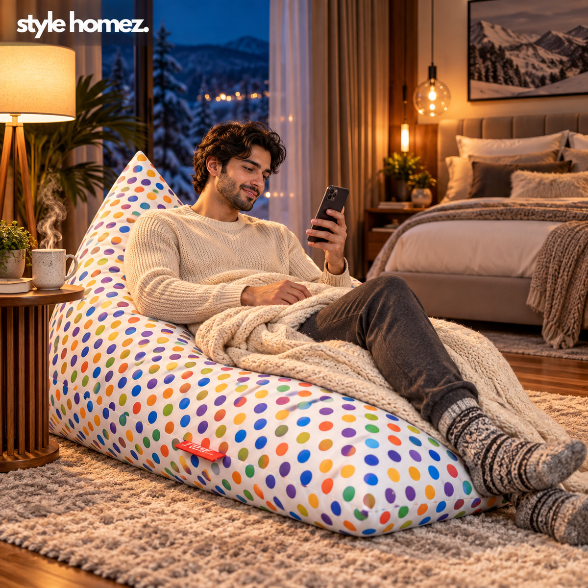 Style Homez PYRAMID LOUNGE, Cotton Canvas Polka Dots Printed Bean Bag XXL Size Filled with Beans Fillers