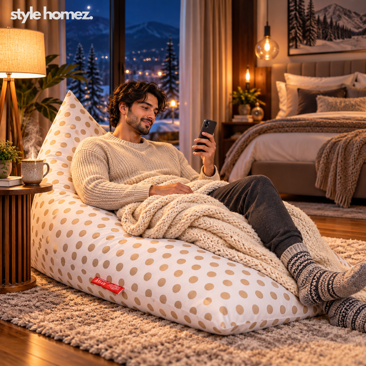 Style Homez PYRAMID LOUNGE, Cotton Canvas Polka Dots Printed Bean Bag XXL Size Filled with Beans Fillers