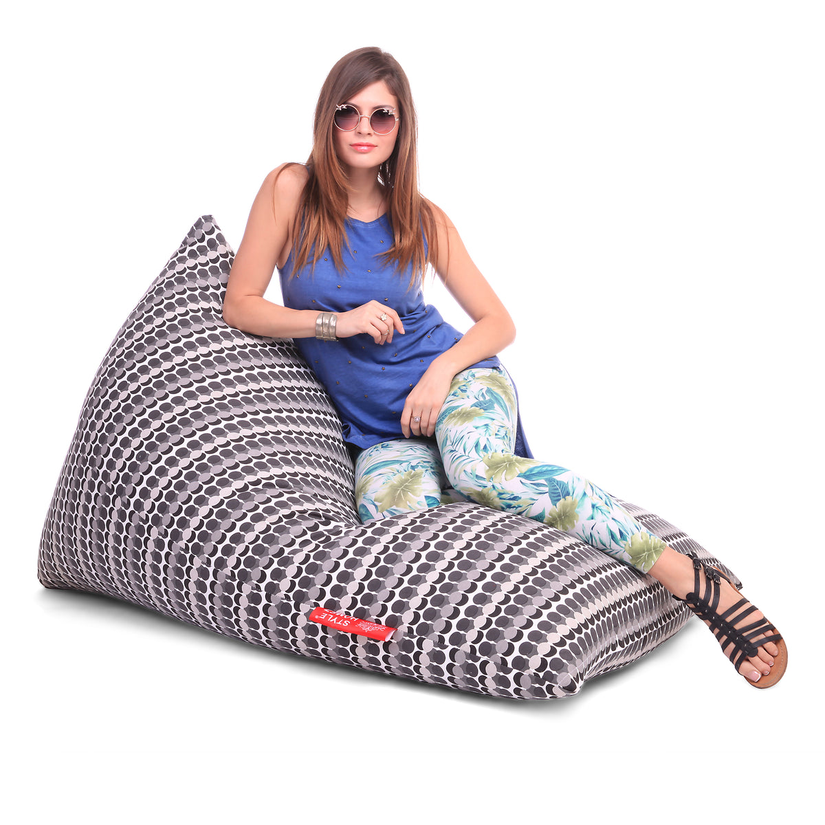 Style Homez PYRAMID LOUNGE, Cotton Canvas Polka Dots Printed Bean Bag XXL Size Filled with Beans Fillers