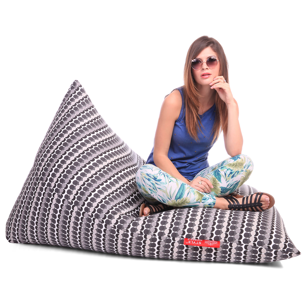 Style Homez PYRAMID LOUNGE, Cotton Canvas Polka Dots Printed Bean Bag XXL Size Filled with Beans Fillers