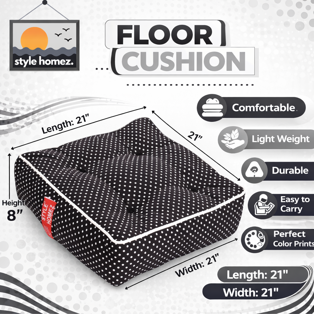 Style Homez Premium Cotton Canvas Square Floor Cushion, Polka Dots Print Large Size with Cotton Filling