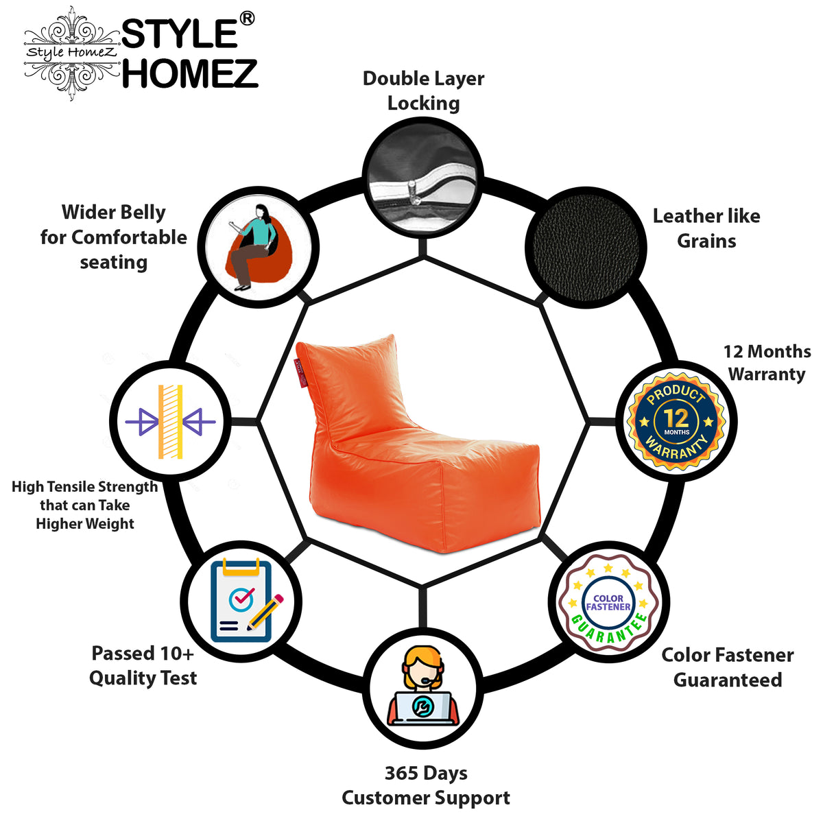 Style Homez ALEXA Luxury Lounge XXXL Bean Bag Orange Color, Filled with Beans Fillers