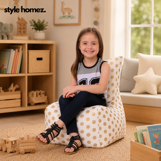 Style Homez CANVAS CLASSIC CHAIR, Cotton Canvas Polka Dots Printed Bean Bag L Size for Kids with Beans Fillers
