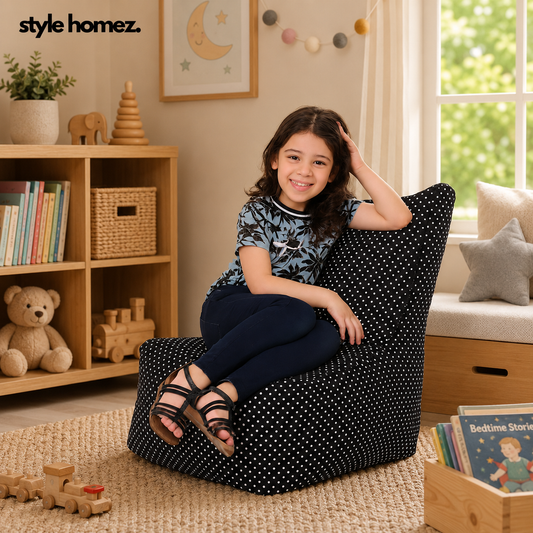 Style Homez CANVAS CLASSIC CHAIR, Cotton Canvas Polka Dots Printed Bean Bag L Size for Kids with Beans Fillers