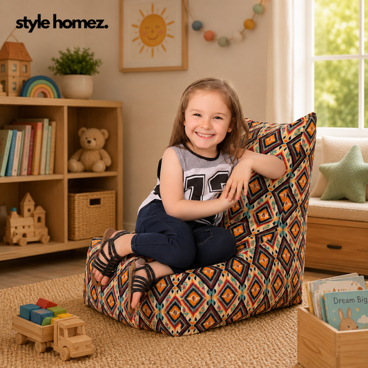 Style Homez CANVAS CLASSIC CHAIR, Cotton Canvas Geometric Printed Bean Bag L Size for Kids with Beans Fillers