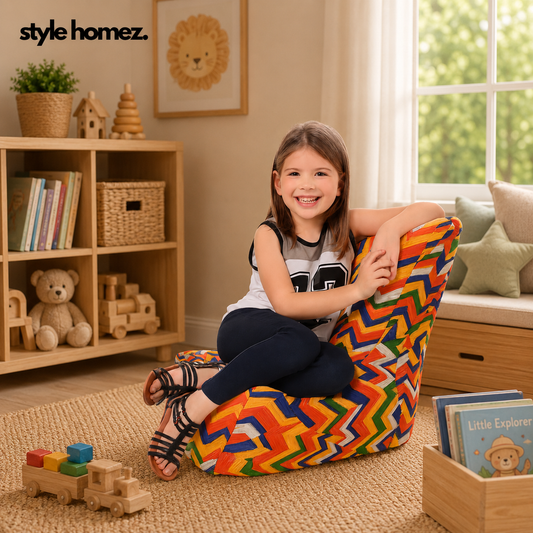 Style Homez CANVAS CLASSIC CHAIR, Cotton Canvas Geometric Printed Bean Bag L Size for Kids with Beans Fillers
