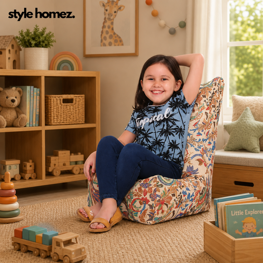 Style Homez CANVAS CLASSIC CHAIR, Cotton Canvas Floral Printed Bean Bag L Size for Kids with Beans Fillers