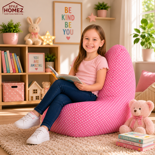 Style Homez CANVAS CLASSIC CHAIR, Cotton Canvas Polka Dots Printed Bean Bag L Size for Kids with Beans Fillers