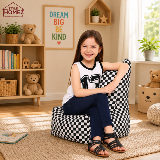 Style Homez CANVAS CLASSIC CHAIR, Cotton Canvas Checkered Printed Bean Bag L Size for Kids with Beans Fillers