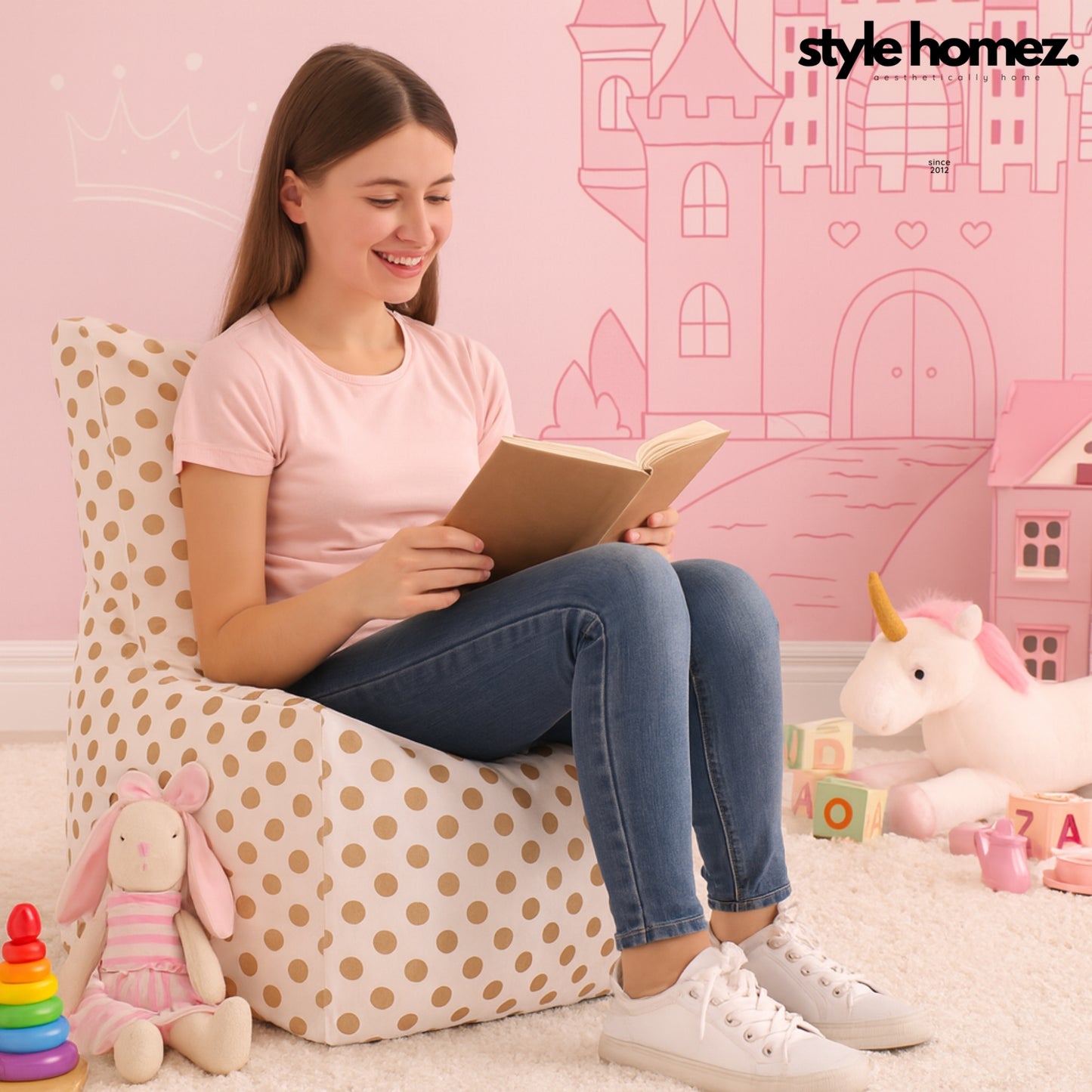 Style Homez CANVAS CLASSIC CHAIR, Cotton Canvas Polka Dots Printed Bean Bag XL Size with Beans Fillers