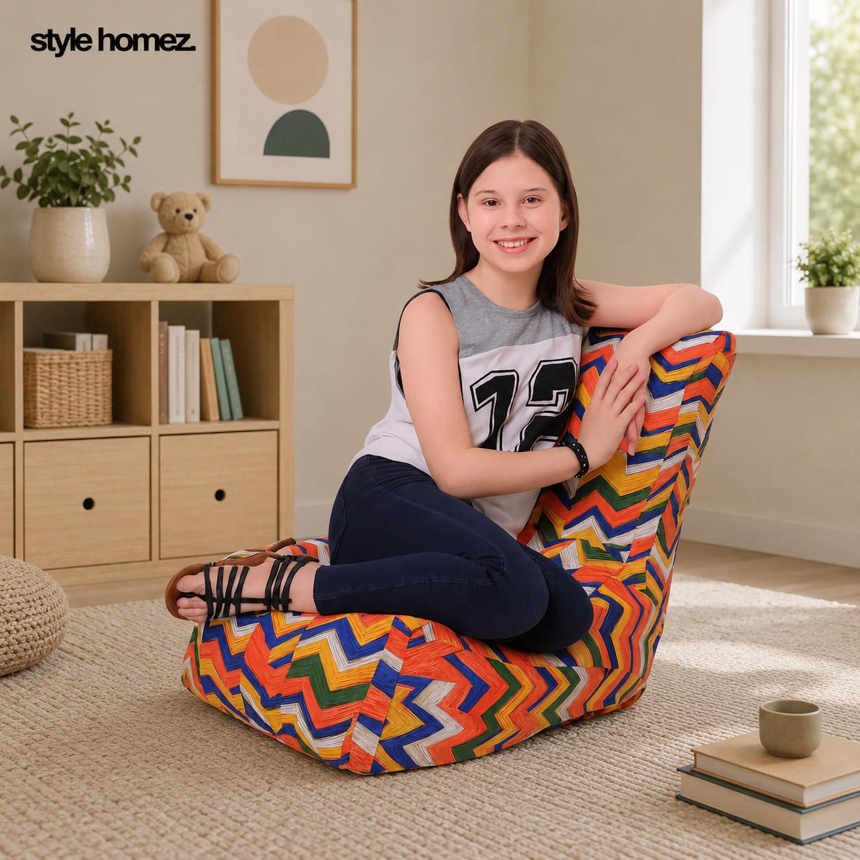 Style Homez CANVAS CLASSIC CHAIR, Cotton Canvas Geometric Printed Bean Bag XL Size with Beans Fillers