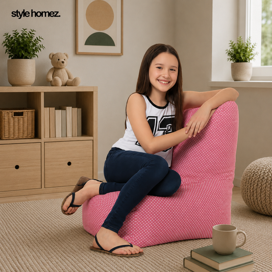 Style Homez CANVAS CLASSIC CHAIR, Cotton Canvas Polka Dots Printed Bean Bag XL Size with Beans Fillers