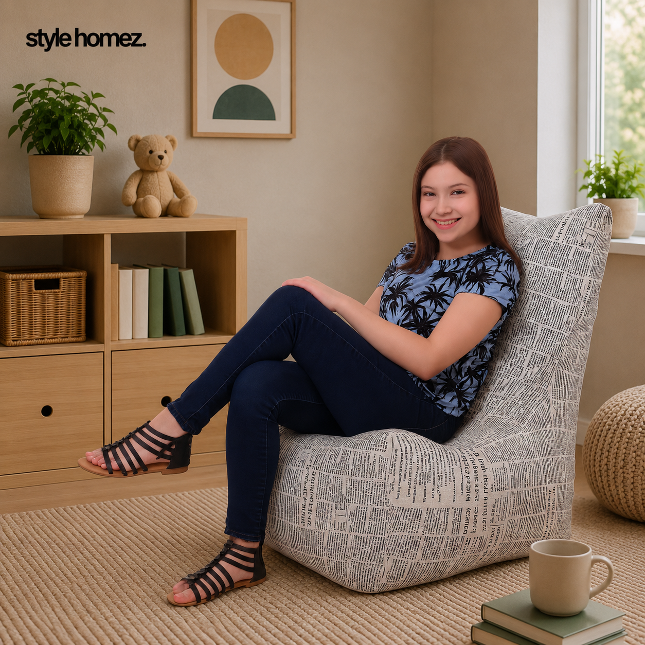 Style Homez CANVAS CLASSIC CHAIR, Cotton Canvas Newspaper Printed Bean Bag XL Size with Beans Fillers