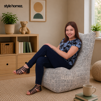 Style Homez CANVAS CLASSIC CHAIR, Cotton Canvas Newspaper Printed Bean Bag XL Size with Beans Fillers