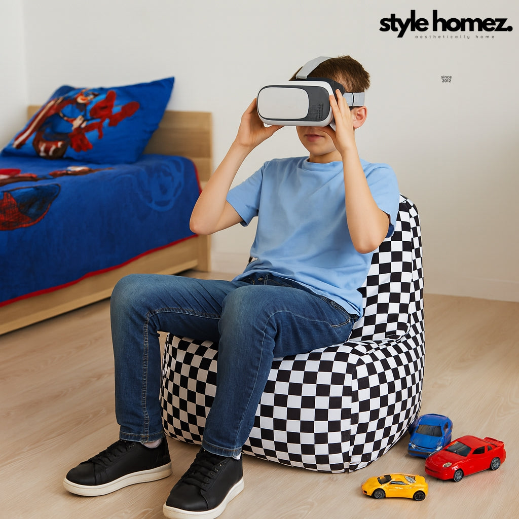 Style Homez CANVAS CLASSIC CHAIR, Cotton Canvas Checkered Printed Bean Bag XL Size with Beans Fillers