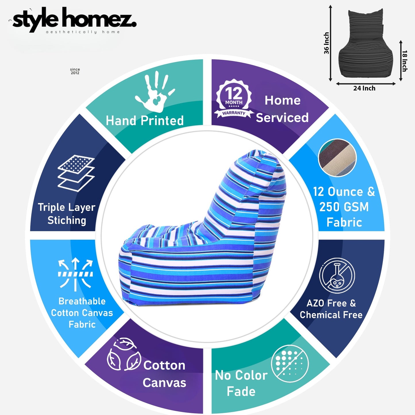 Style Homez Classic Chair Cotton Canvas Stripes Printed Bean Bag XXL Size Filled with Beans Fillers
