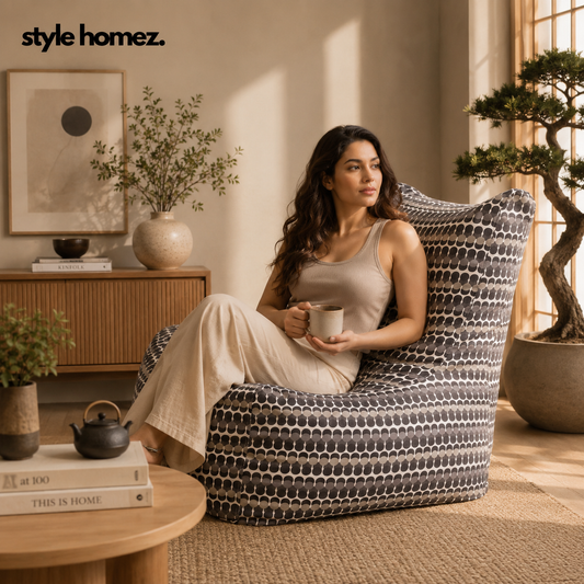 Style Homez Classic Chair Cotton Canvas Polka Dots Printed Bean Bag XXL Size Filled with Beans Fillers