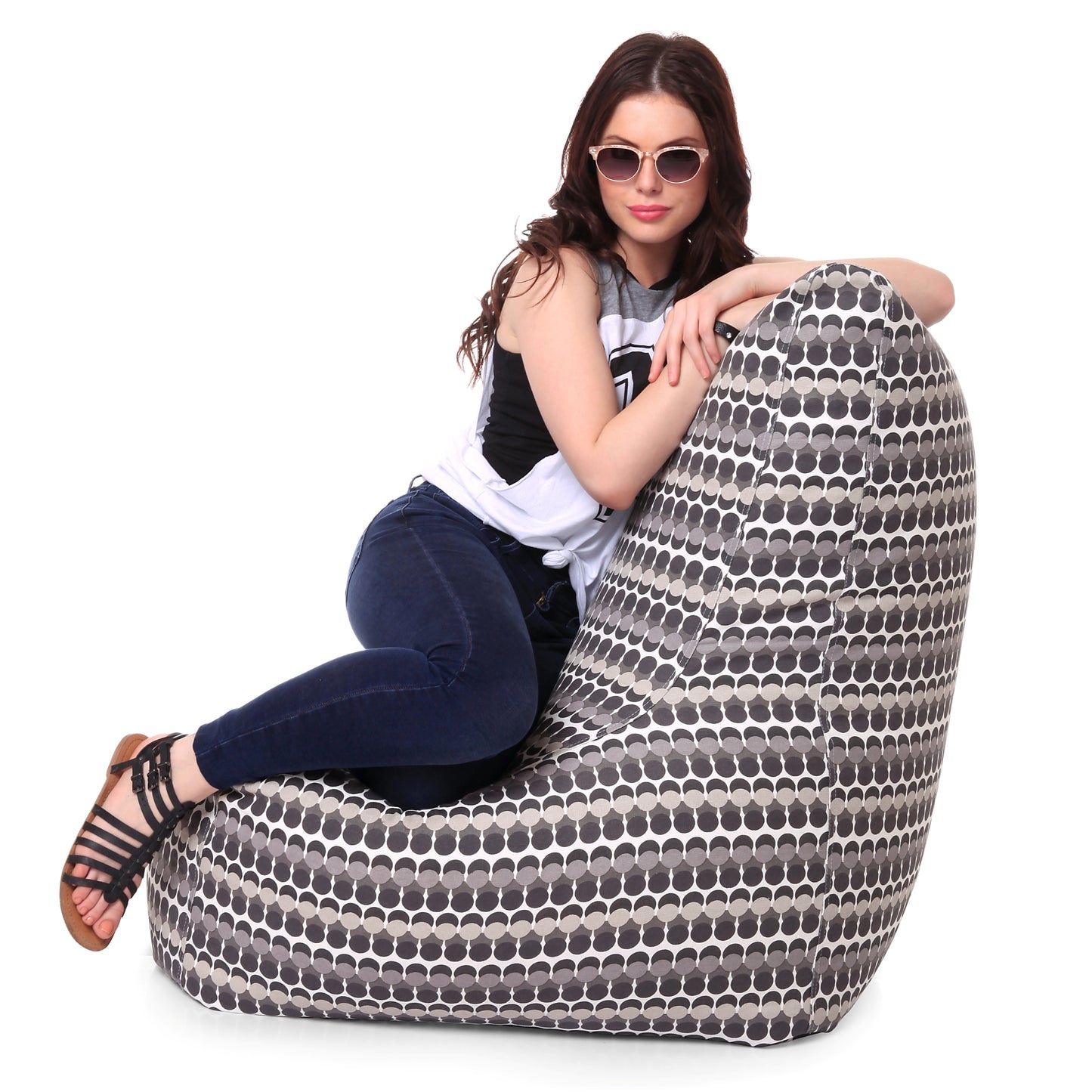 Style Homez Classic Chair Cotton Canvas Polka Dots Printed Bean Bag XXL Size Filled with Beans Fillers