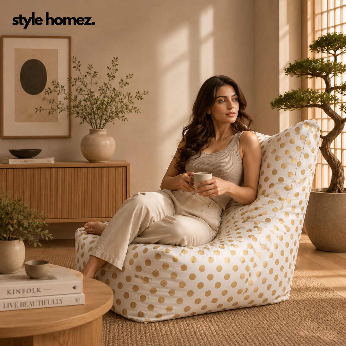 Style Homez Classic Chair Cotton Canvas Polka Dots Printed Bean Bag XXL Size Filled with Beans Fillers