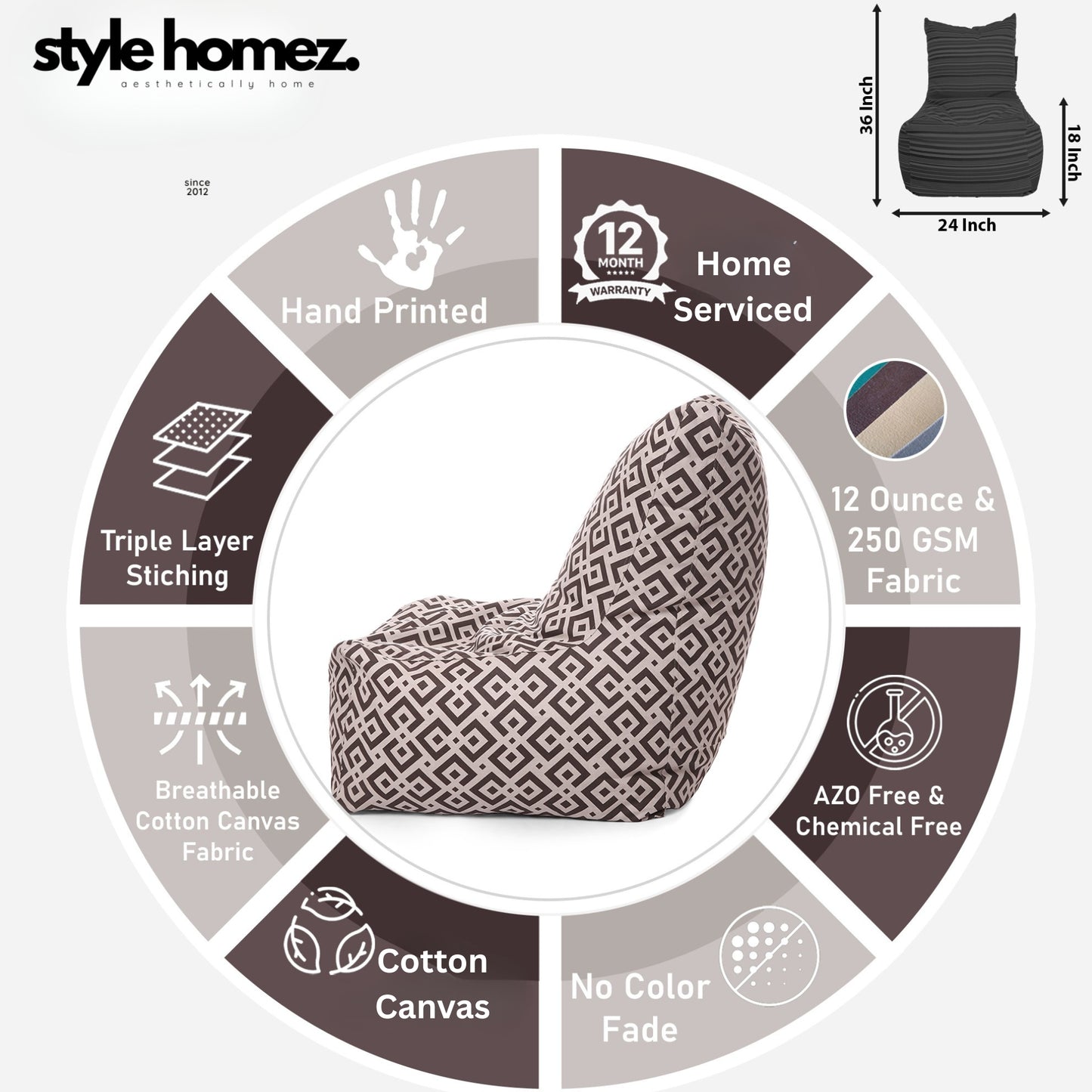 Style Homez Classic Chair Cotton Canvas Geometric Printed Bean Bag XXL Size Filled with Beans Fillers