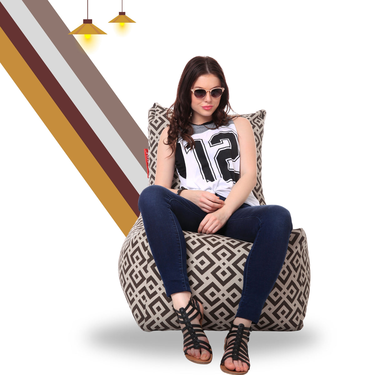Style Homez Classic Chair Cotton Canvas Geometric Printed Bean Bag XXL Size Filled with Beans Fillers