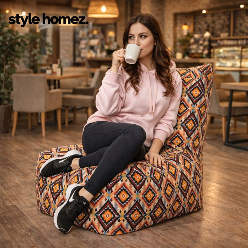 Style Homez Classic Chair Cotton Canvas Geometric Printed Bean Bag XXL Size Filled with Beans Fillers