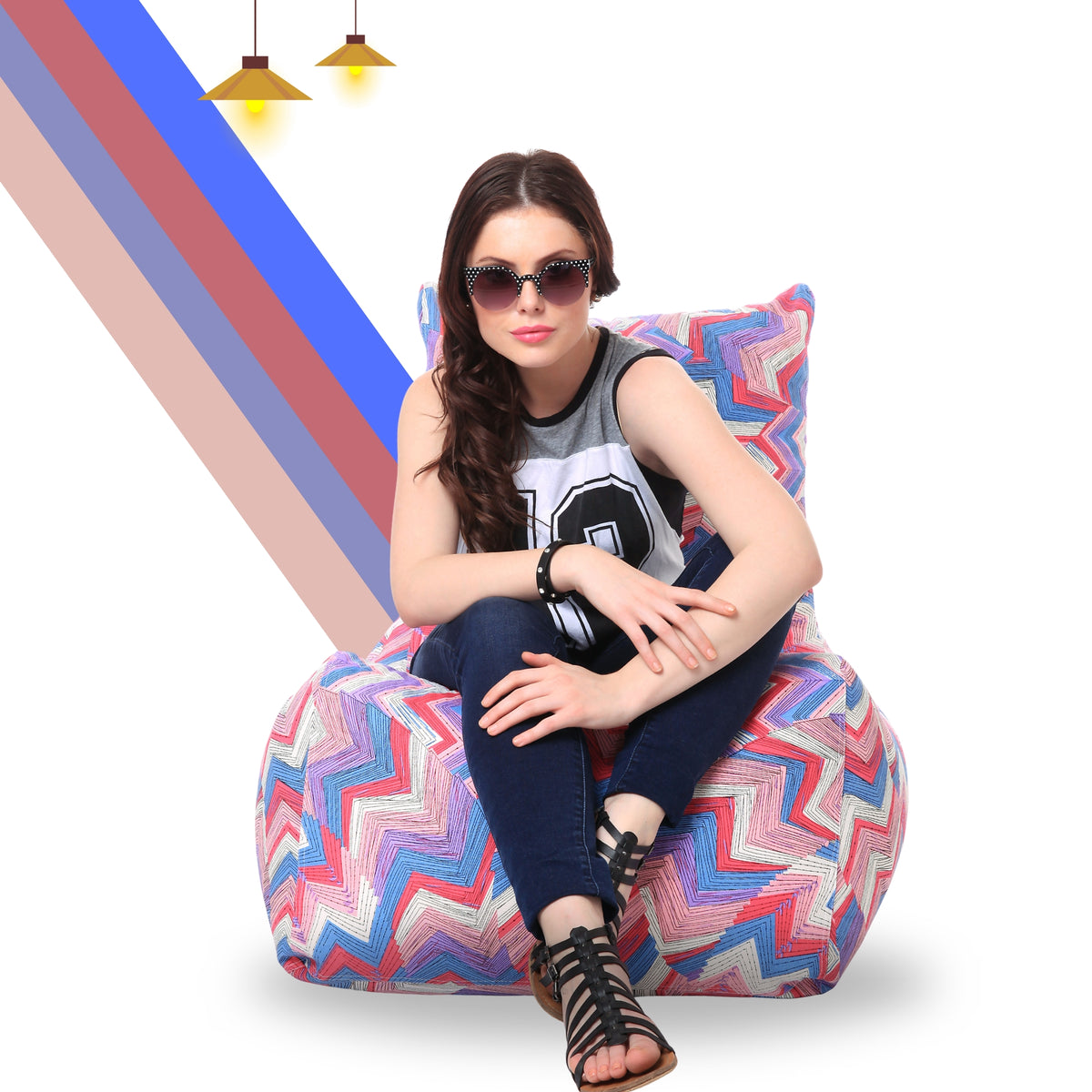 Style Homez Classic Chair Cotton Canvas Geometric Printed Bean Bag XXL Size Filled with Beans Fillers