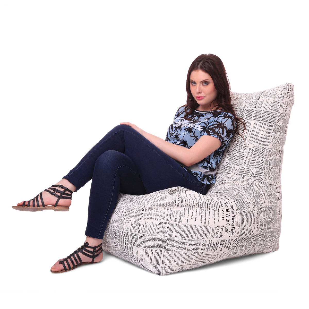 Style Homez Classic Chair Cotton Canvas Newspaper Printed Bean Bag XXL Size Filled with Beans Fillers