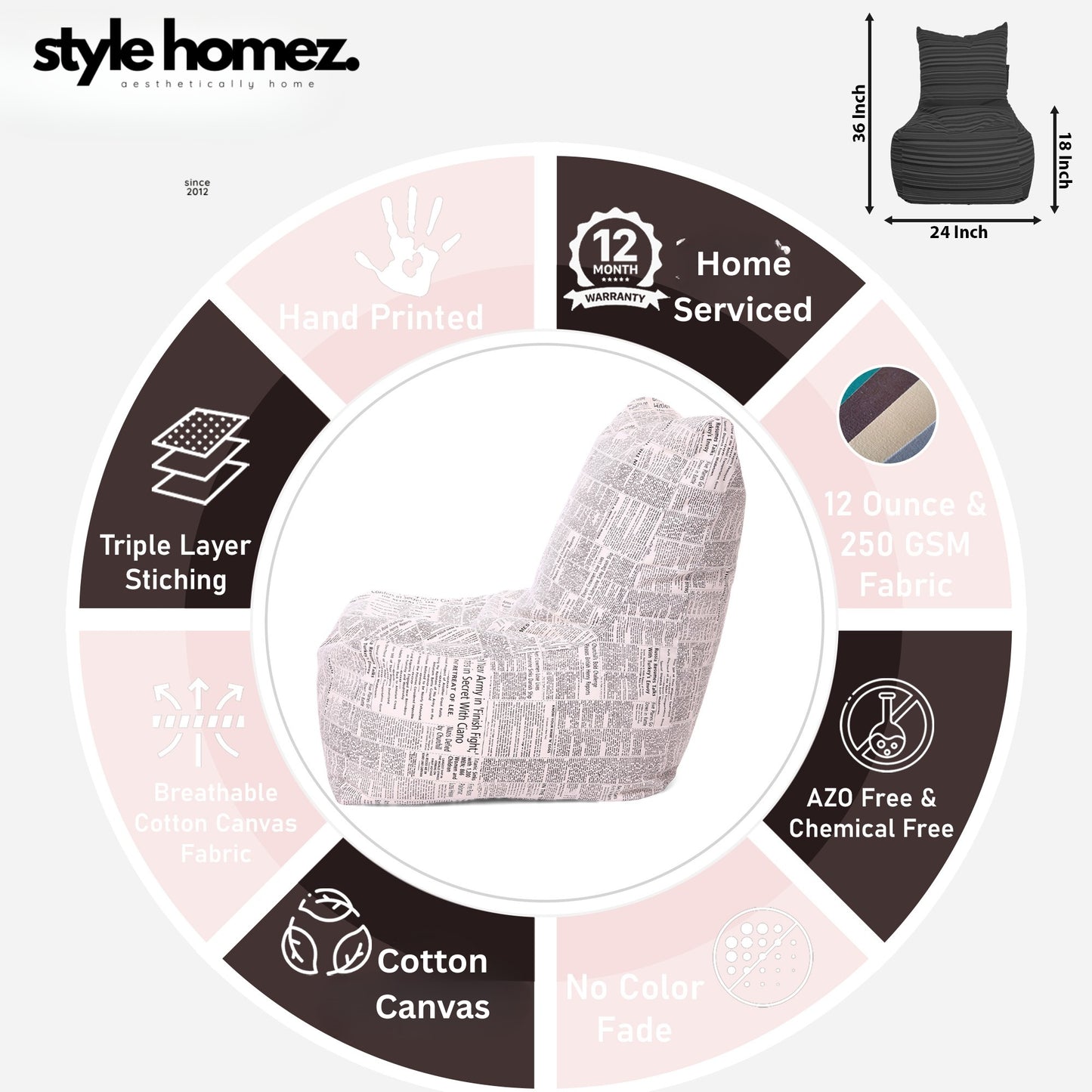 Style Homez Classic Chair Cotton Canvas Newspaper Printed Bean Bag XXL Size Filled with Beans Fillers