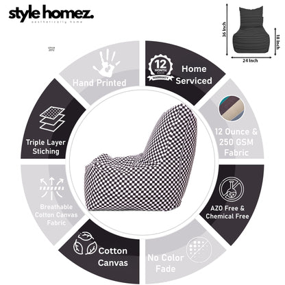 Style Homez Classic Chair Cotton Canvas Checkered Printed Bean Bag XXL Size Filled with Beans Fillers