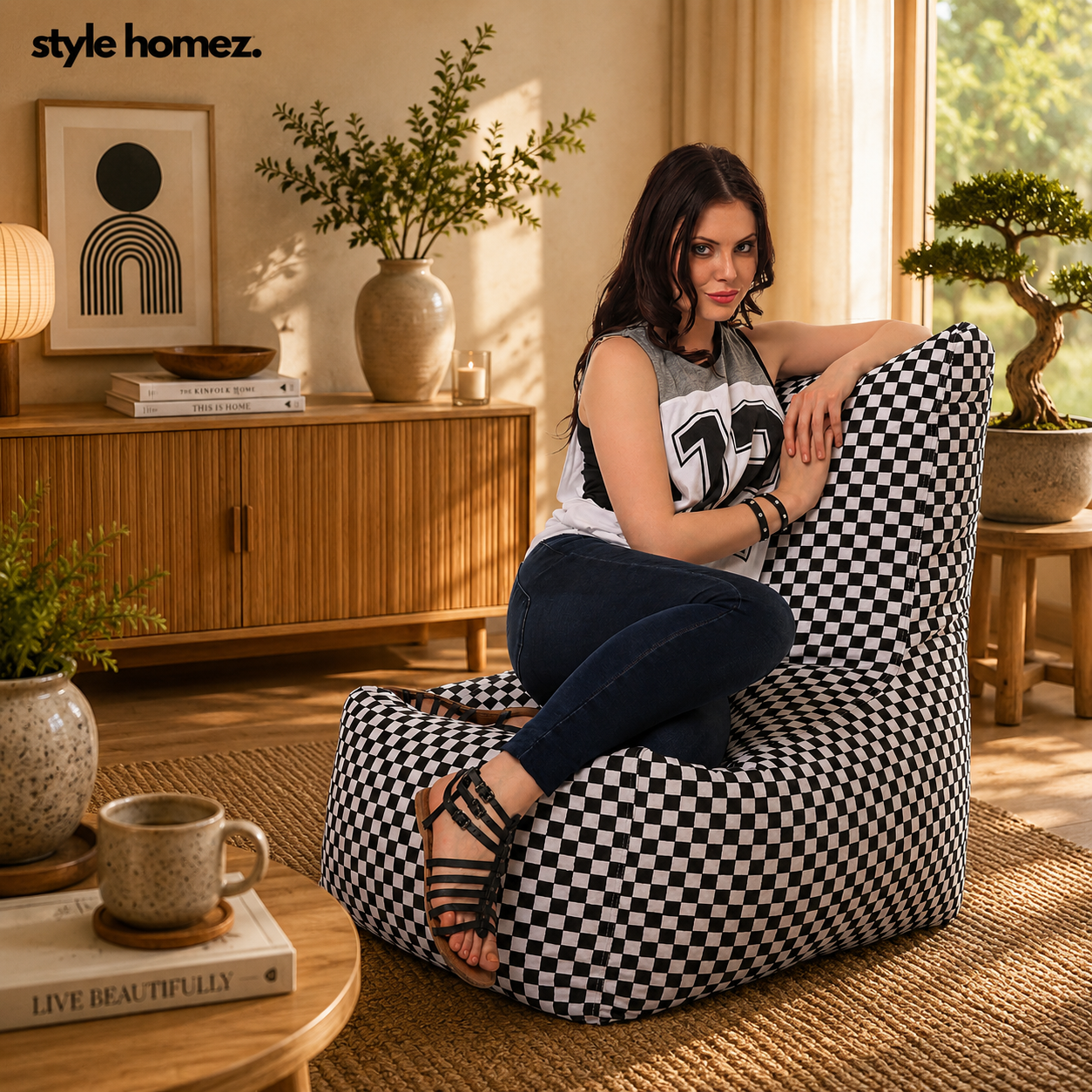 Style Homez Classic Chair Cotton Canvas Checkered Printed Bean Bag XXL Size Filled with Beans Fillers