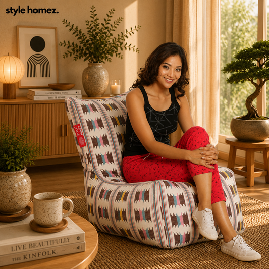 Style Homez Classic Chair Cotton Canvas IKAT Printed Bean Bag XXL Size Filled with Beans Fillers