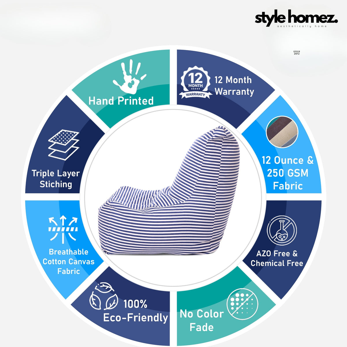 Style Homez Classic Cotton Canvas Chair Bean Bag, Stripes Printed XXXL Size Filled with Beans Fillers
