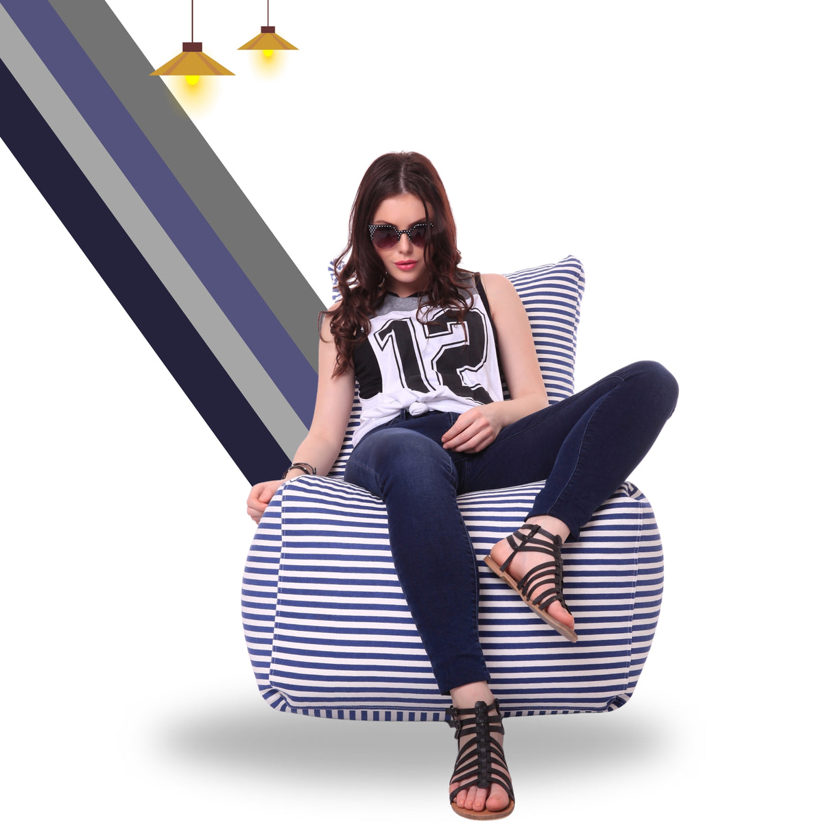 Style Homez Classic Cotton Canvas Chair Bean Bag, Stripes Printed XXXL Size Filled with Beans Fillers