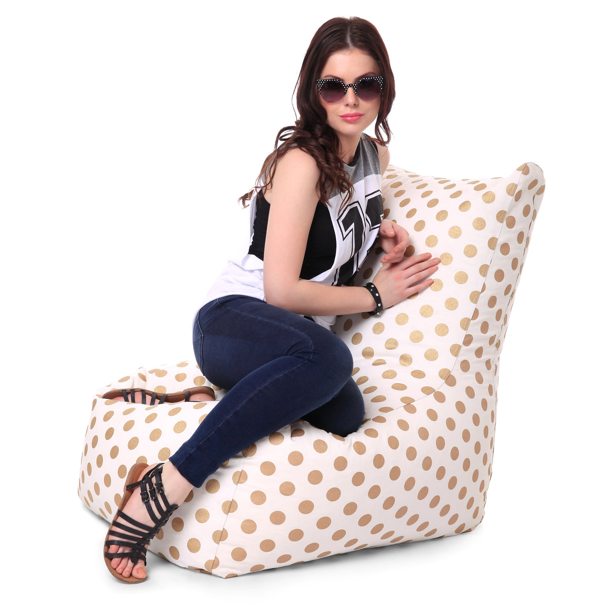 Style Homez Classic Cotton Canvas Chair Bean Bag, Polka Dots Printed XXXL Size Filled with Beans Fillers