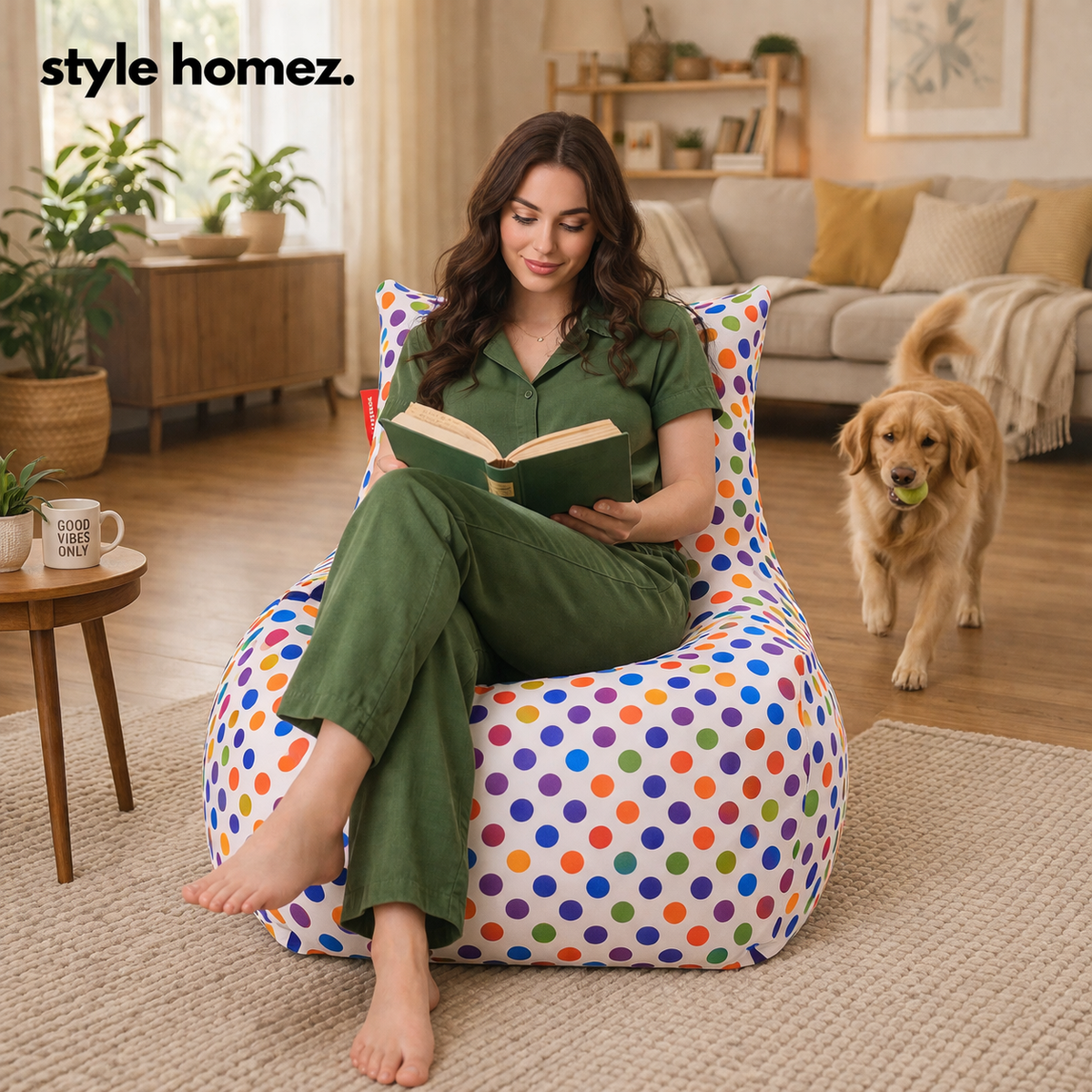 Style Homez Classic Cotton Canvas Chair Bean Bag, Polka Dots Printed XXXL Size Filled with Beans Fillers