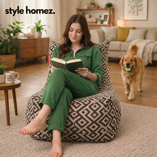 Style Homez Classic Cotton Canvas Chair Bean Bag, Geometric Printed XXXL Size Filled with Beans Fillers