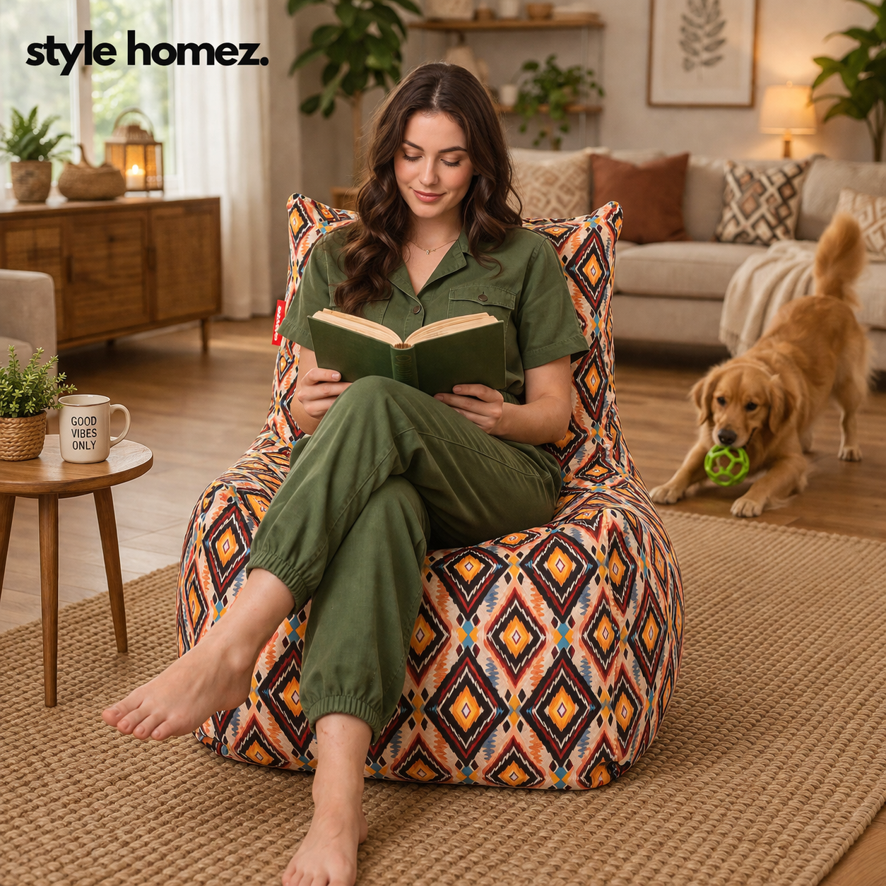 Style Homez Classic Cotton Canvas Chair Bean Bag, Geometric Printed XXXL Size Filled with Beans Fillers